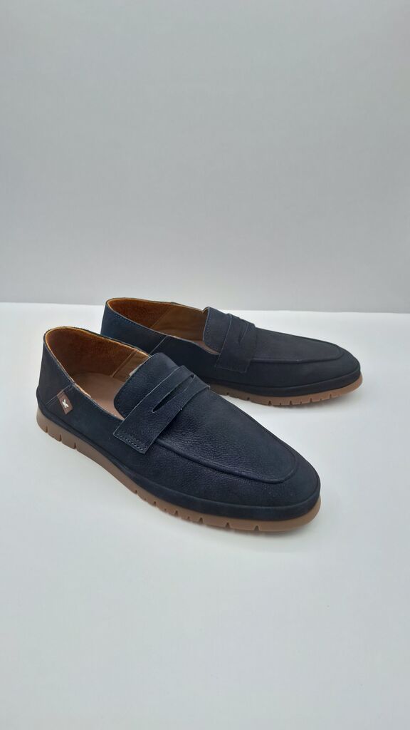 Navy Textured Loafers with Classic Penny Strap