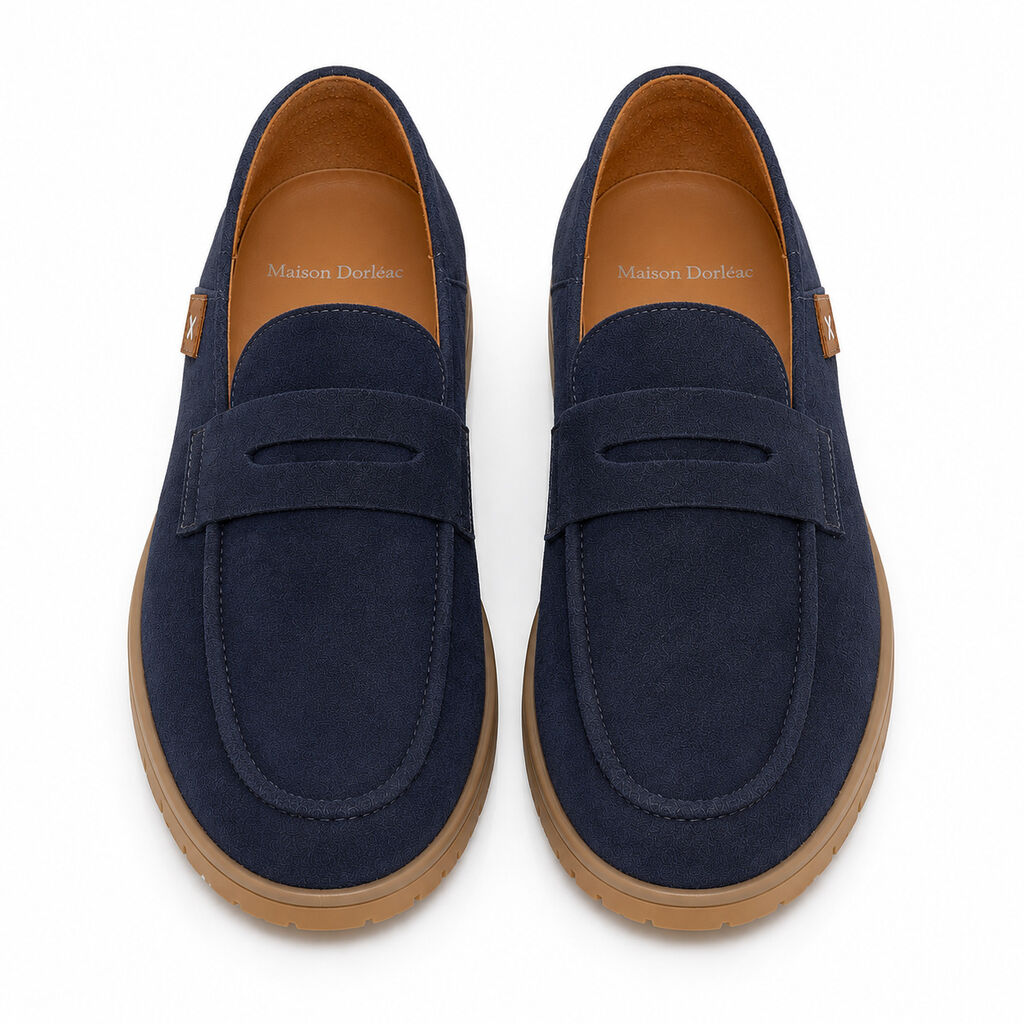 Navy Textured Loafers with Classic Penny Strap
