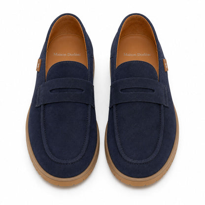 Navy Textured Loafers with Classic Penny Strap