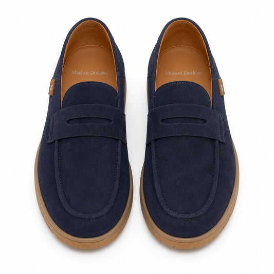 Navy Textured Loafers with Classic Penny Strap