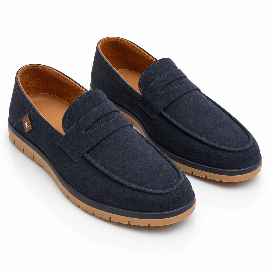 Navy Textured Loafers with Classic Penny Strap