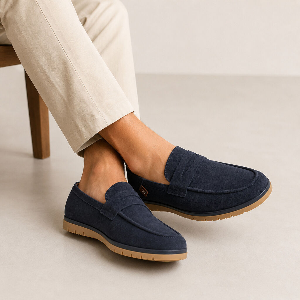 Navy Textured Loafers with Classic Penny Strap