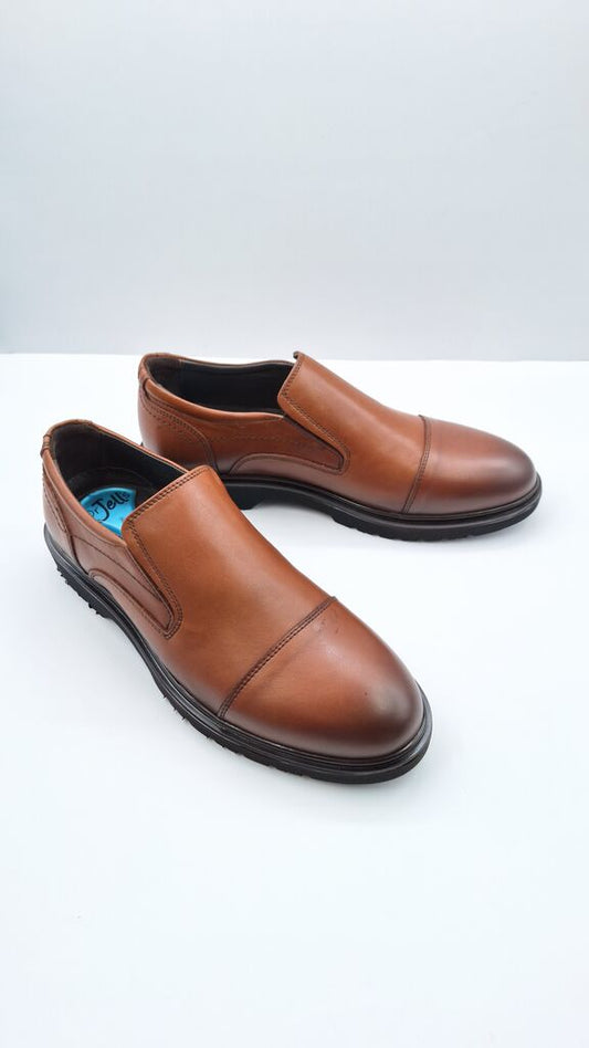 Chestnut Leather Slip-On Loafers with Cap Toe