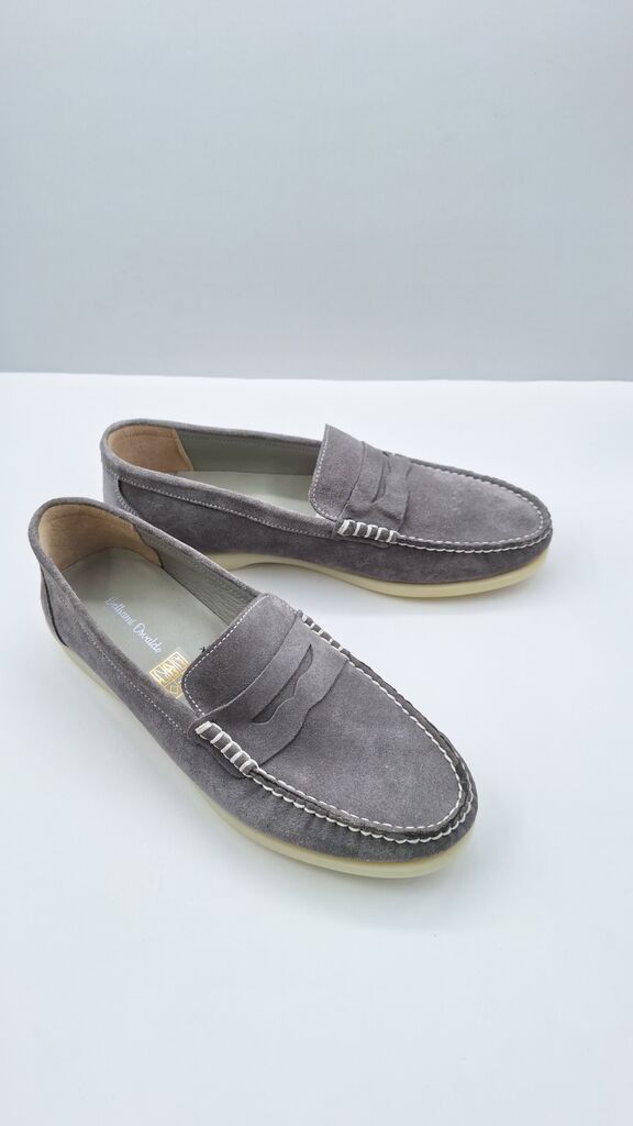 Gray Suede Loafers with Stitch Detail