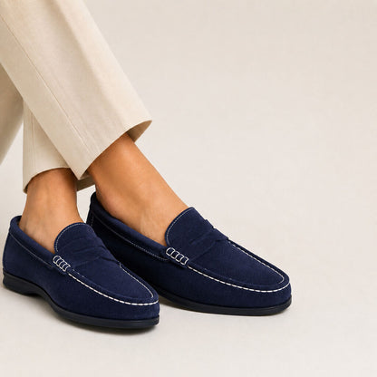 Navy Suede Loafers with Contrast Stitching