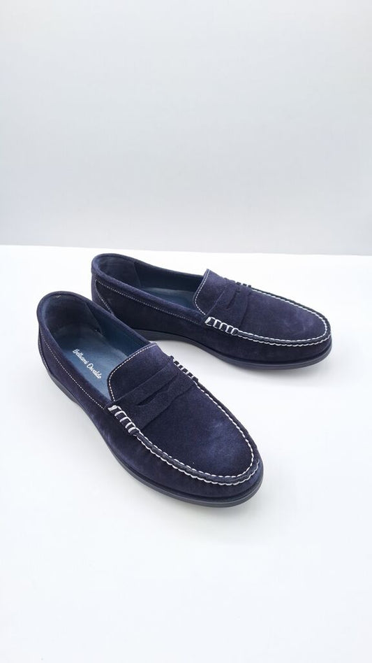 Navy Suede Loafers with Contrast Stitching