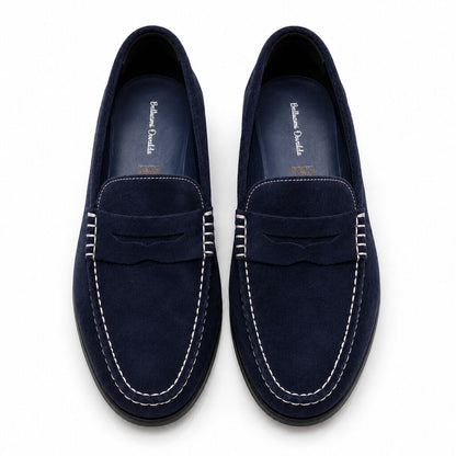 Navy Suede Loafers with Contrast Stitching