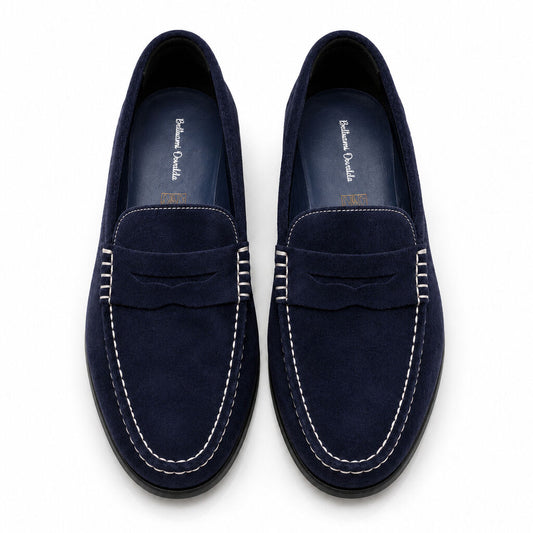 Navy Suede Loafers with Contrast Stitching
