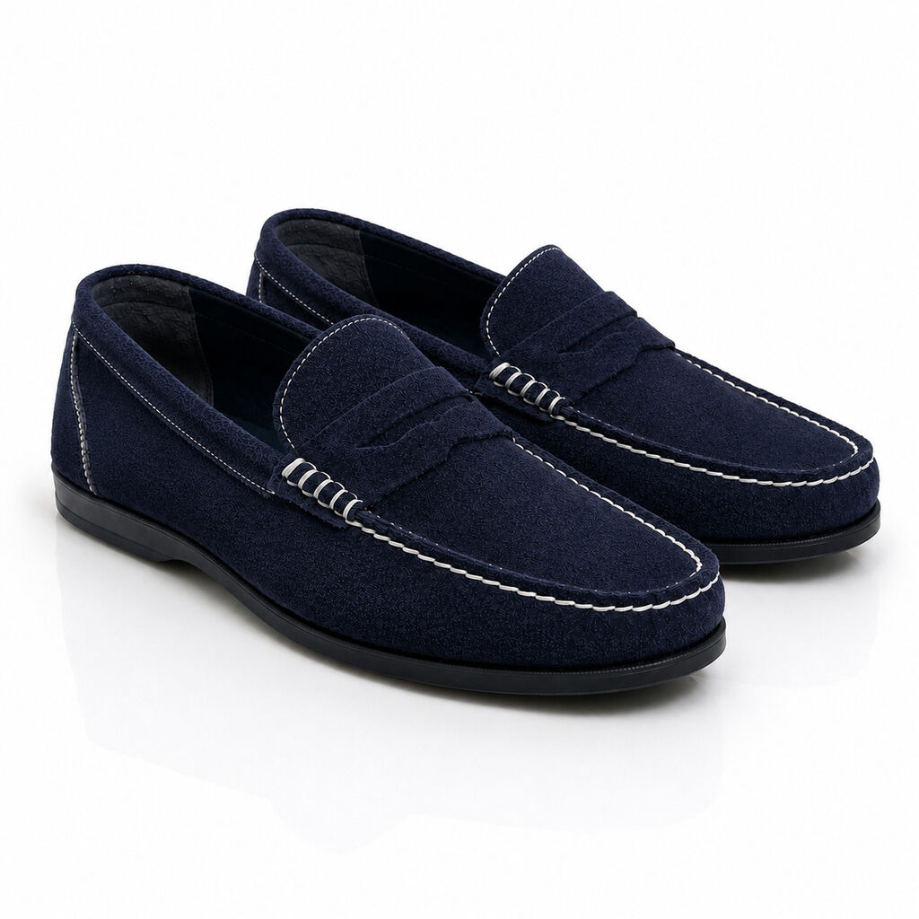 Navy Suede Loafers with Contrast Stitching