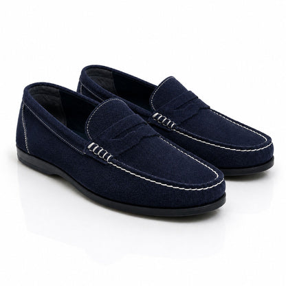 Navy Suede Loafers with Contrast Stitching