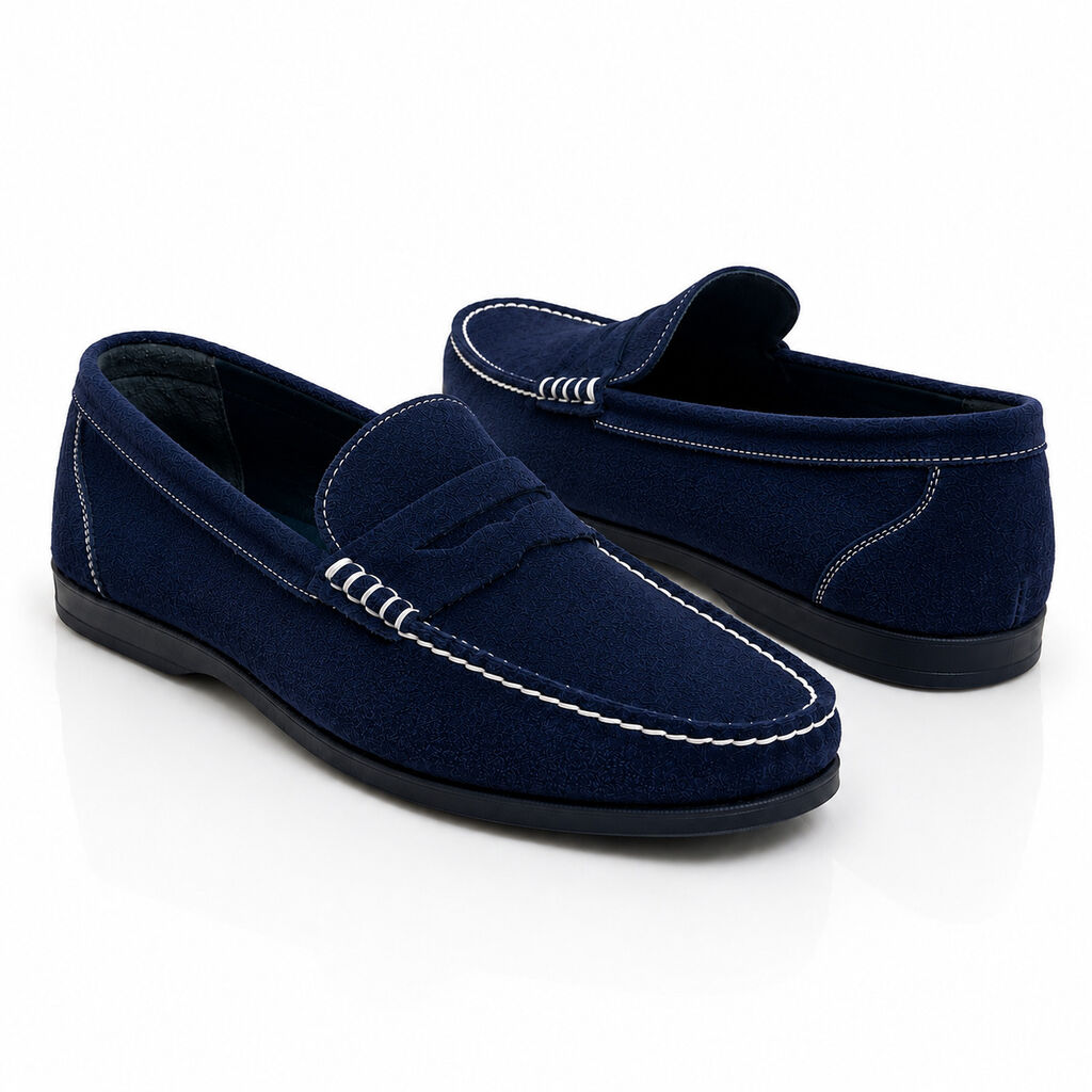 Navy Suede Loafers with Contrast Stitching