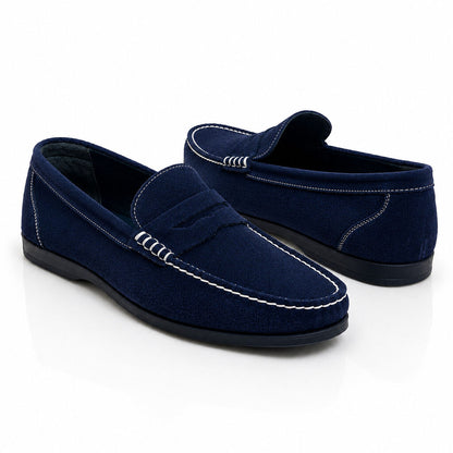 Navy Suede Loafers with Contrast Stitching