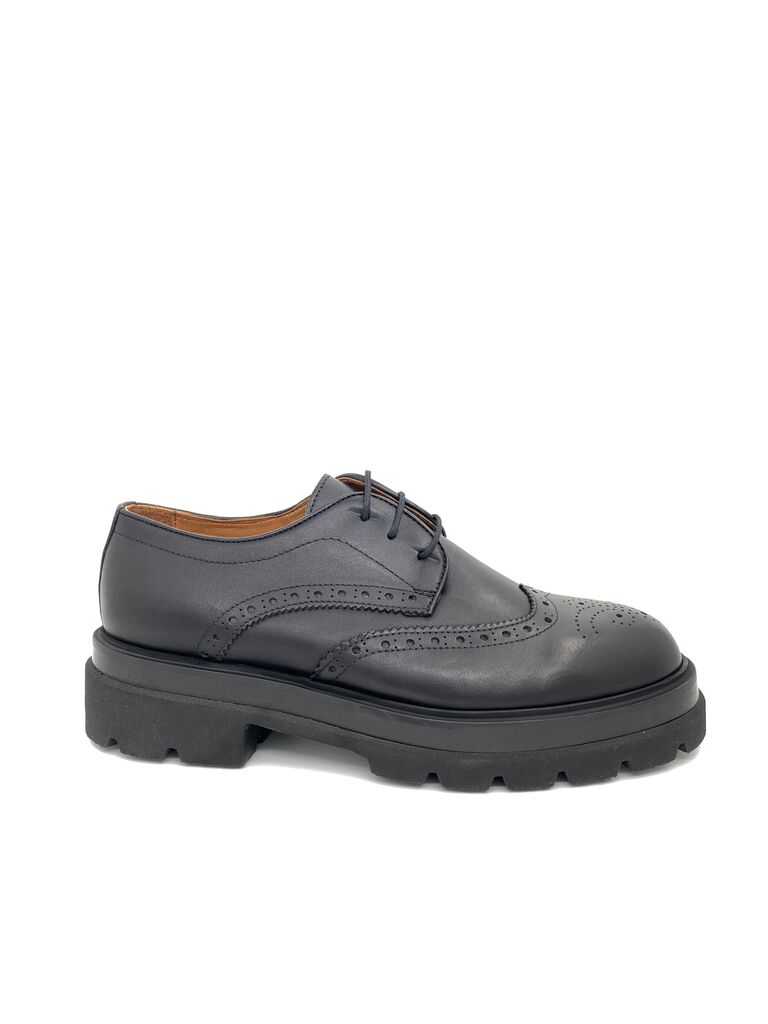 Black Brogue Leather Derby with Chunky Sole