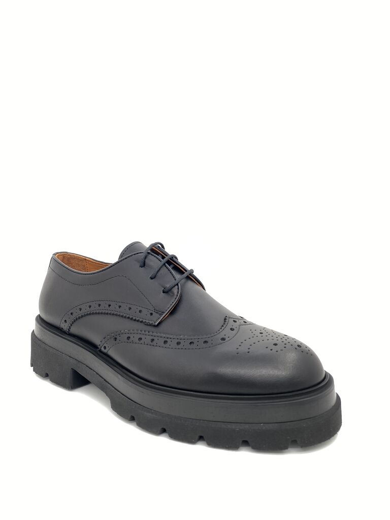 Black Brogue Leather Derby with Chunky Sole