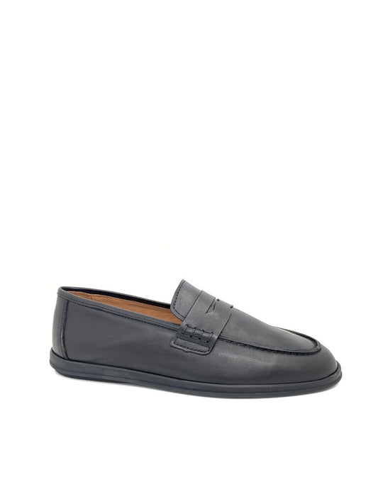 Black Leather Loafers with Penny Strap Detail