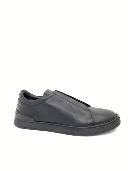 Black Leather Slip-On Sneakers with Elastic Closure