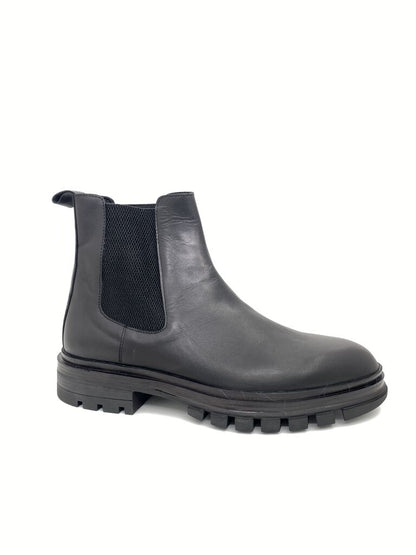 Black Leather Ankle Boots with Rugged Sole