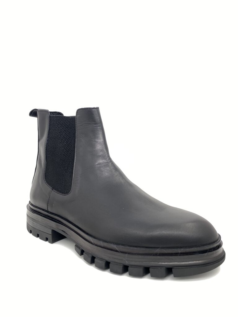 Black Leather Ankle Boots with Rugged Sole