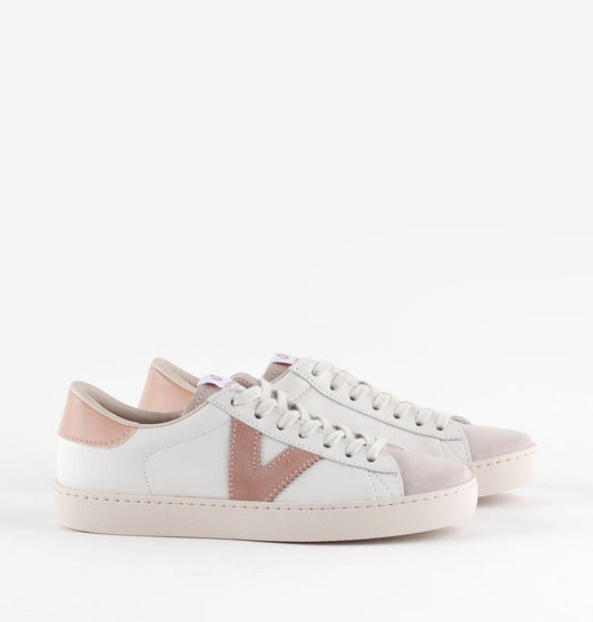 White and Pink Low-Top Sneakers with Suede Accents