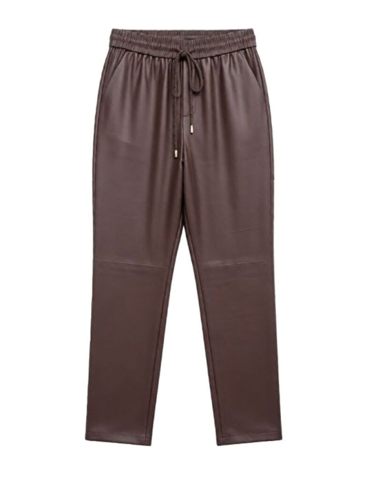 Maroon Faux Leather Jogger Pants with Drawstring Waist