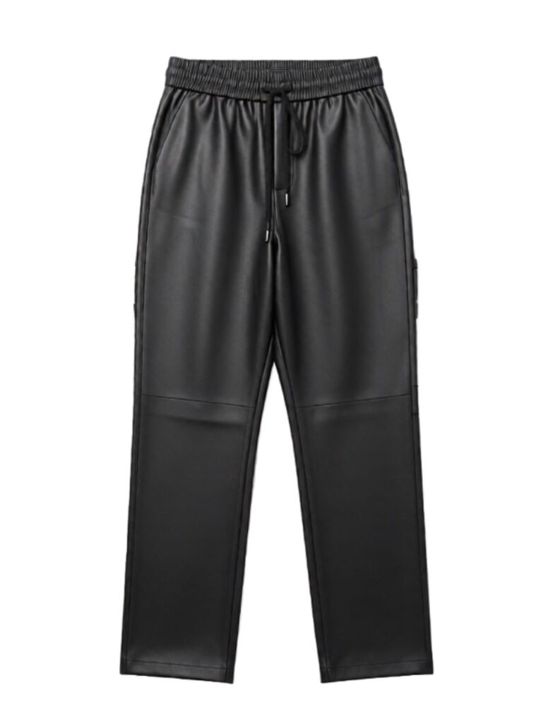 Black Faux Leather Jogger Pants with Drawstring