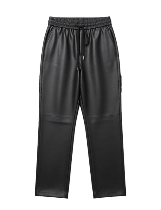 Black Faux Leather Jogger Pants with Drawstring