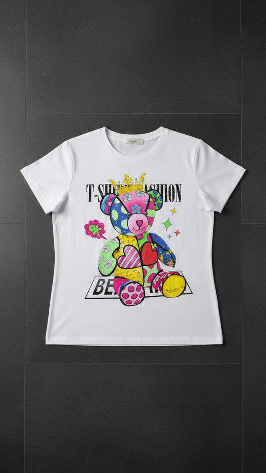White Cotton T-Shirt with Colorful Teddy Bear Print