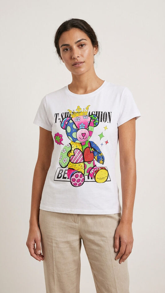 White Cotton T-Shirt with Colorful Teddy Bear Print