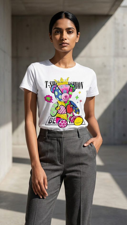 White Cotton T-Shirt with Colorful Teddy Bear Print