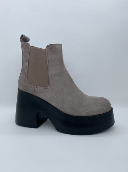 Taupe Suede Platform Ankle Boot with Elastic Panels