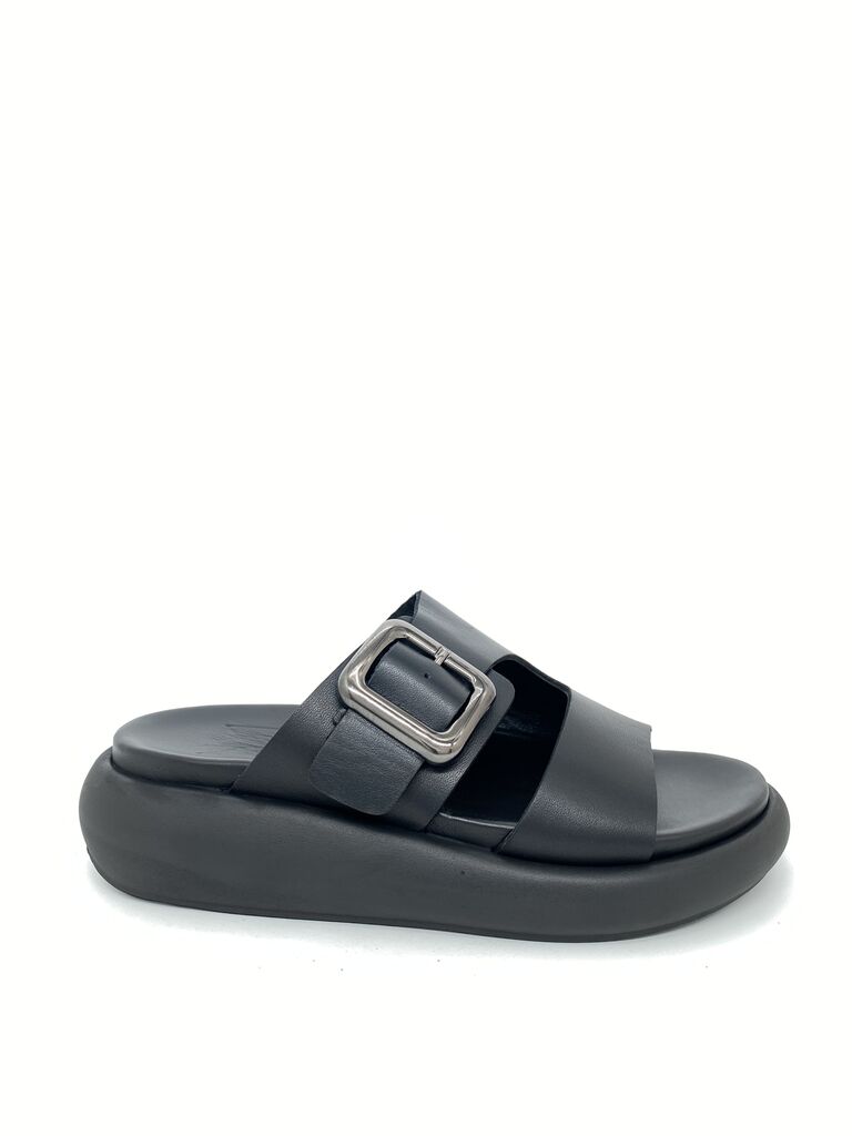 Black Buckled Slide Sandals with Platform Sole