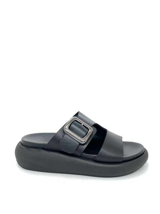 Black Buckled Slide Sandals with Platform Sole