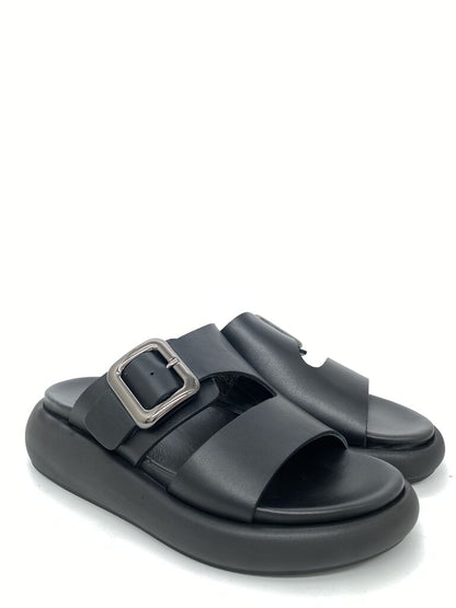 Black Buckled Slide Sandals with Platform Sole