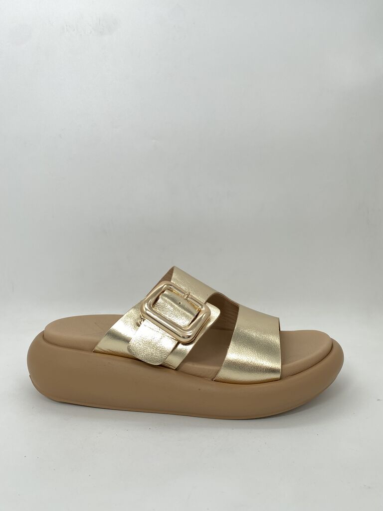 Gold Metallic Slide Sandal with Buckle Detail
