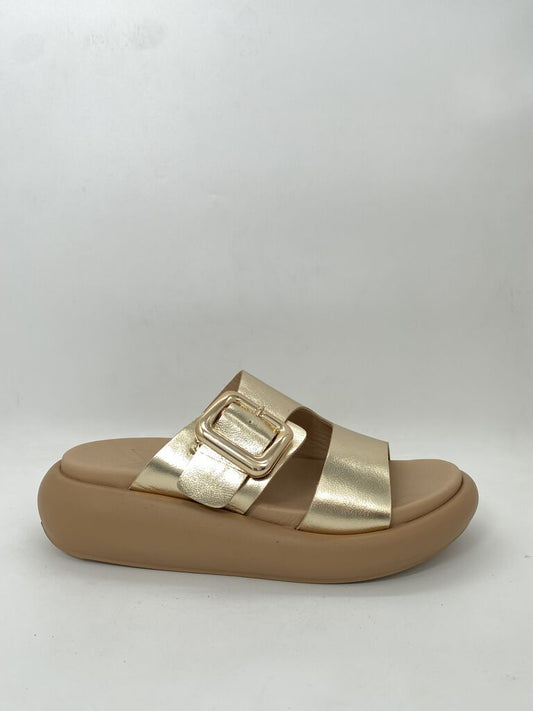 Gold Metallic Slide Sandal with Buckle Detail