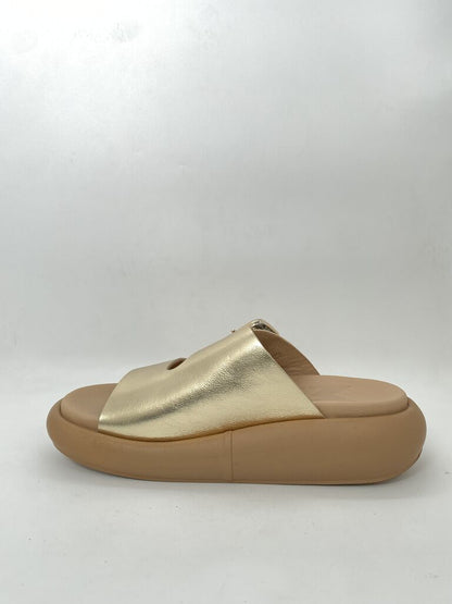 Gold Metallic Slide Sandal with Buckle Detail
