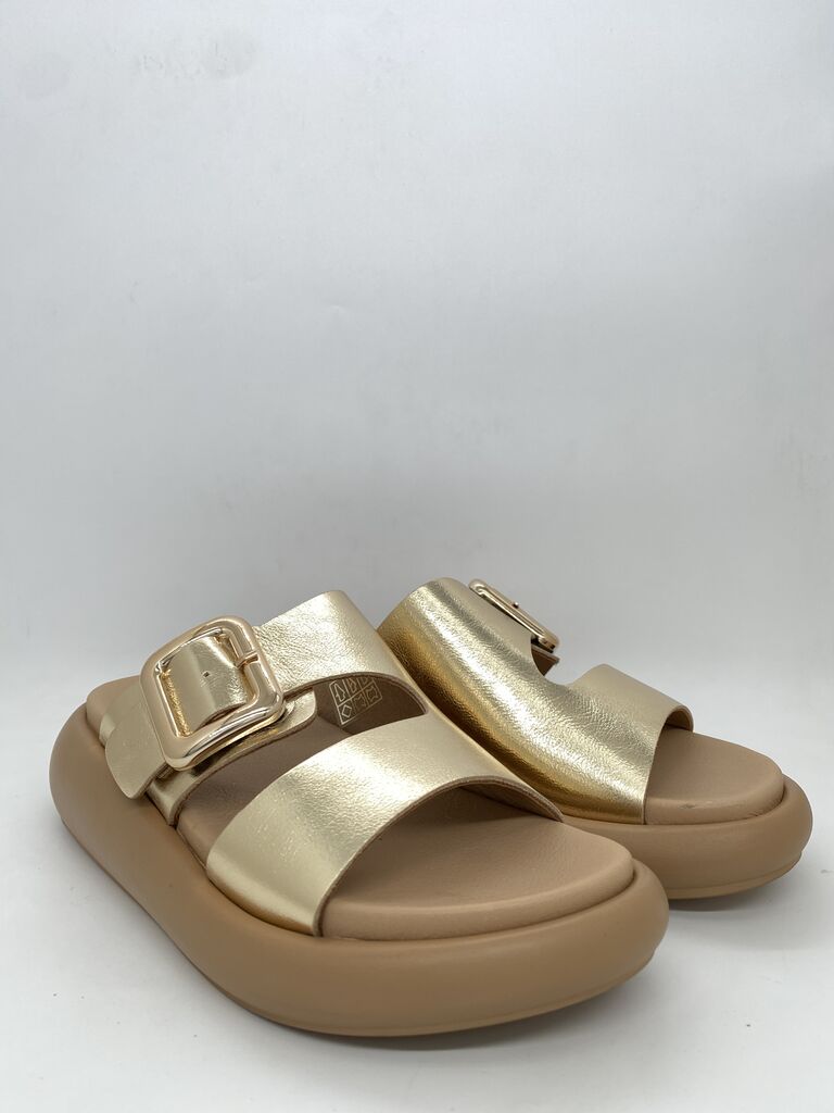 Gold Metallic Slide Sandal with Buckle Detail