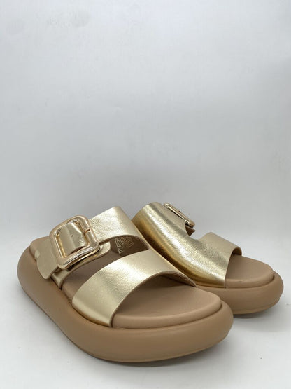 Gold Metallic Slide Sandal with Buckle Detail
