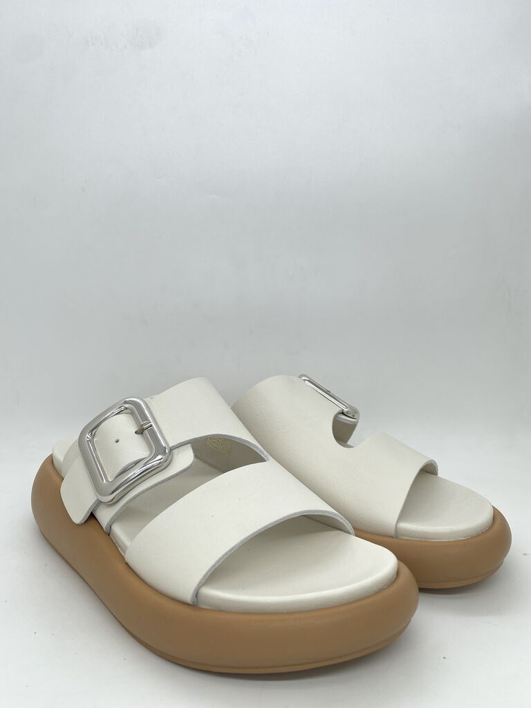 White Platform Sandal with Silver Buckle