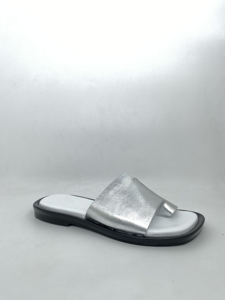 Silver Leather Slide Sandals with Toe Loop