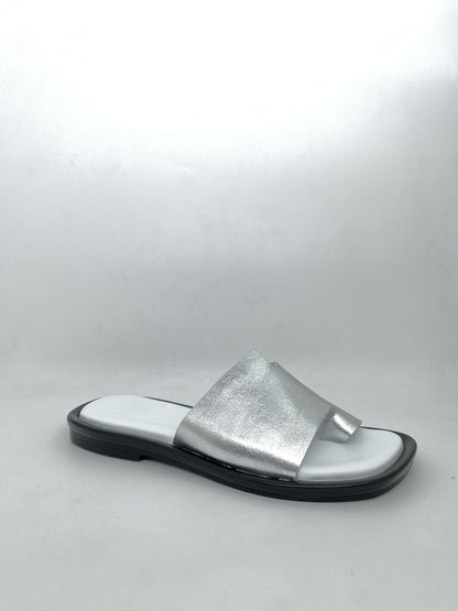 Silver Leather Slide Sandals with Toe Loop
