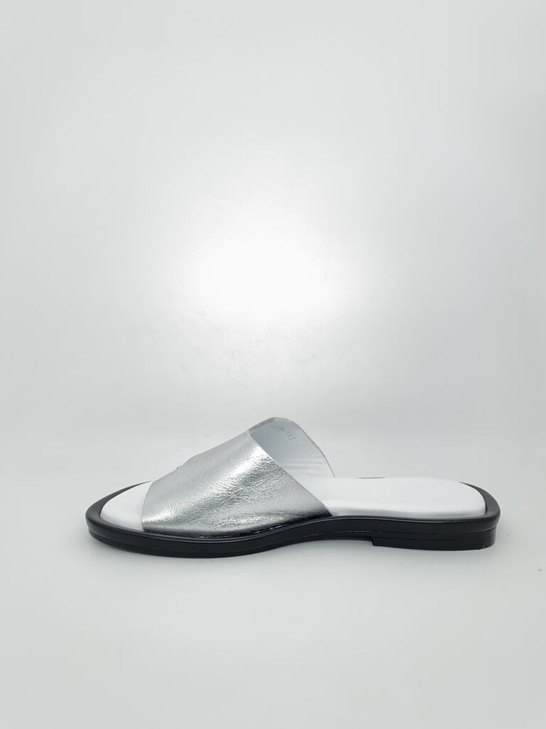 Silver Leather Slide Sandals with Toe Loop