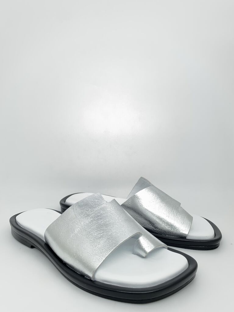 Silver Leather Slide Sandals with Toe Loop