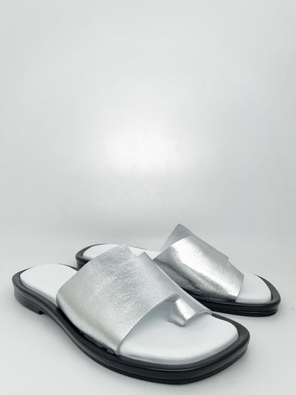 Silver Leather Slide Sandals with Toe Loop