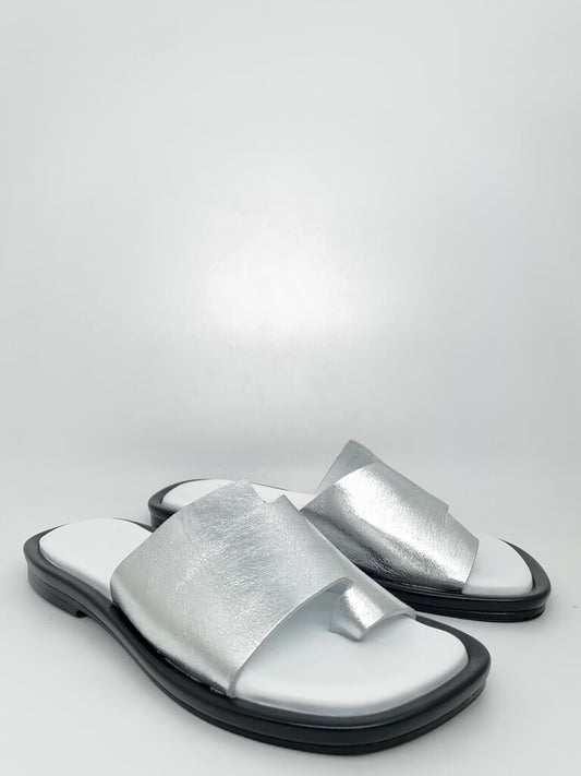 Silver Leather Slide Sandals with Toe Loop