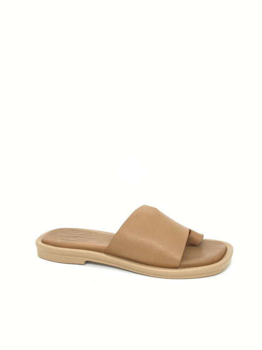 Tan Slip-On Leather Look Sandals with Open Toe