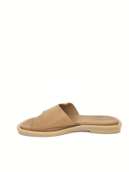Tan Slip-On Leather Look Sandals with Open Toe