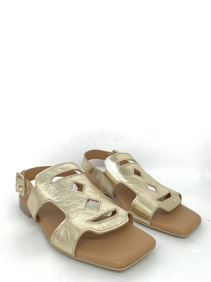 Gold Textured Leather Sandals with Buckle Closure