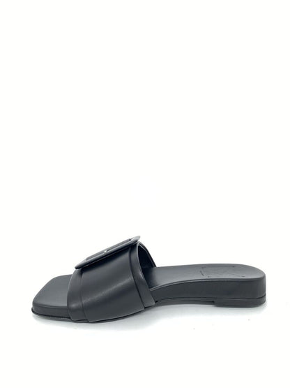 Black Matte Slide Sandal with Oversized Buckle