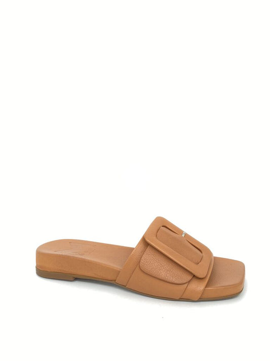 Tan Textured Slide Sandal with Buckle Detail